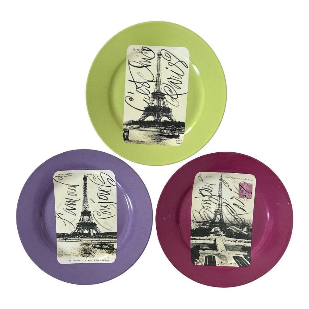 Set of 3 Rosanna Studio Eiffel Tower Paris Plates – Purple, Green, and Mauve – V